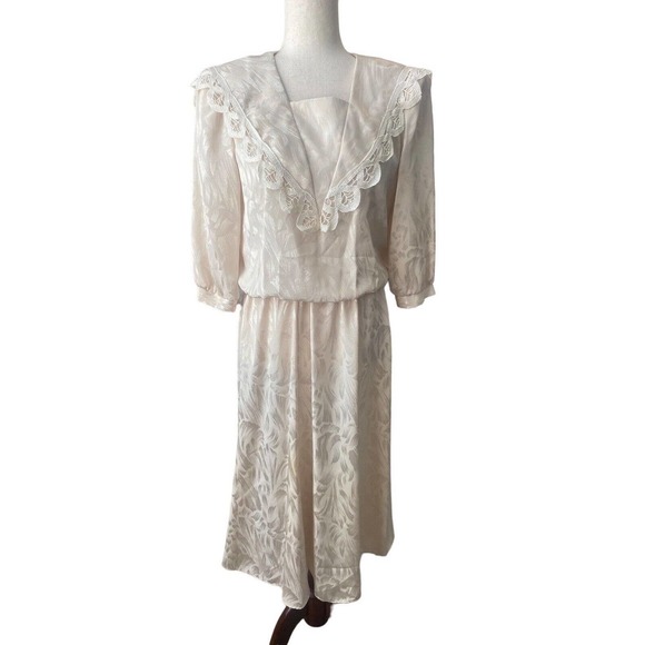 Vintage Ivory Dress Edwardian Victorian Big Collar Downton Abbey Medium FLAW - Picture 1 of 8